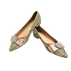 Crown & Ivy Gold Shimmery Sequins Flats W/ Low Heel & Rhinestone Bow Detail 7.5M